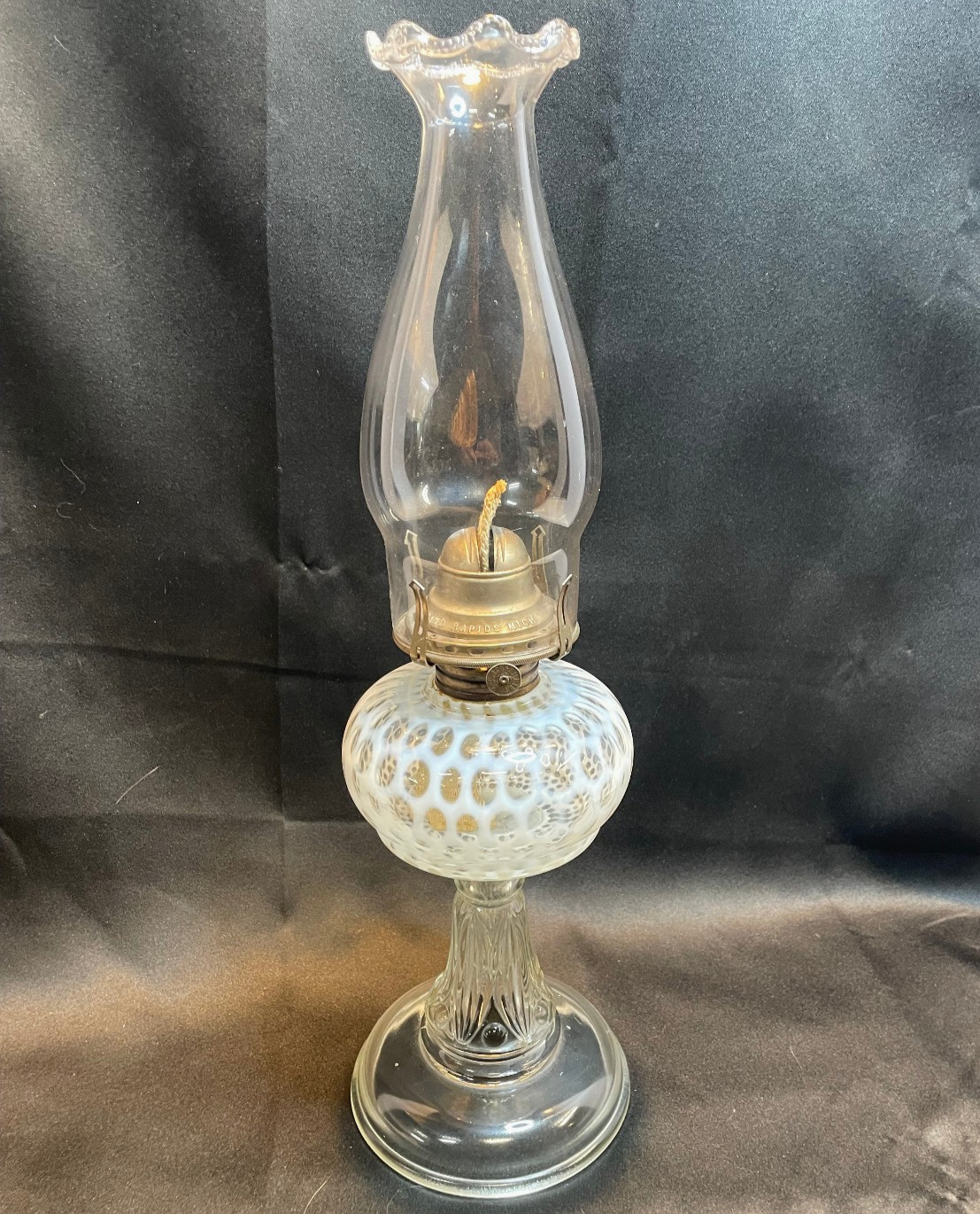 Antique White Opalescent Glass Coin Dot Oil Lamp White Flame Burner - Hobbs Antique White Opalescent Glass Coin Dot Oil Lamp White Flame Burner - Hobbs