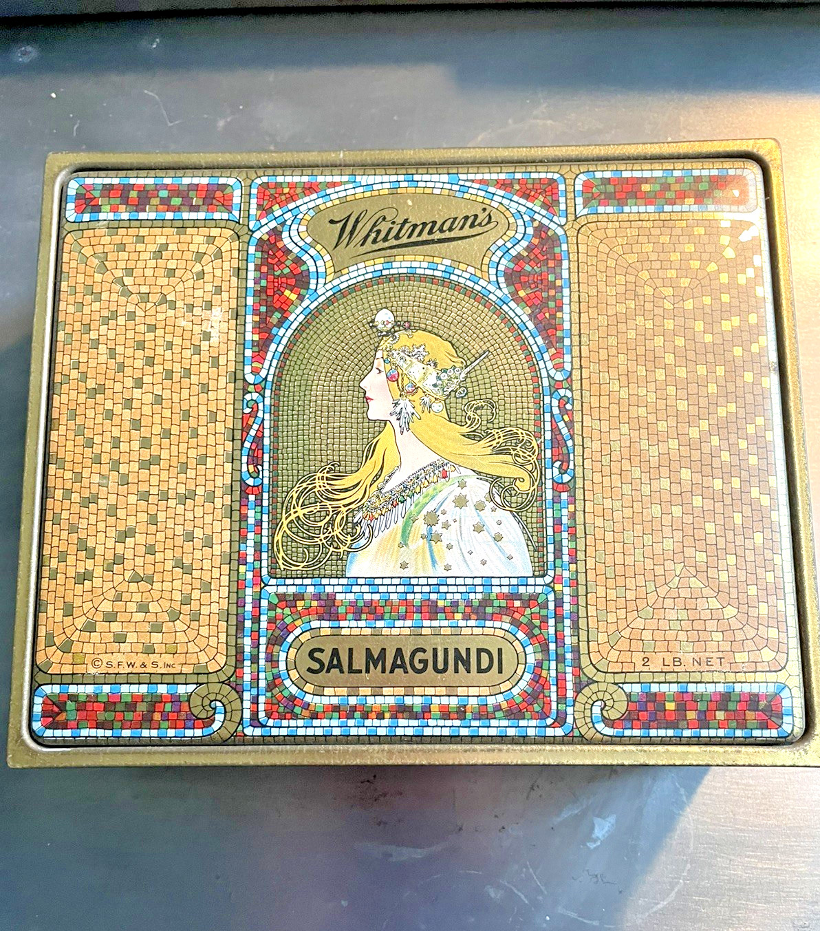 Antique 1920's Whitman's Chocolate  2# Tin Alphonse Mucha Art Nouveau Design EUC