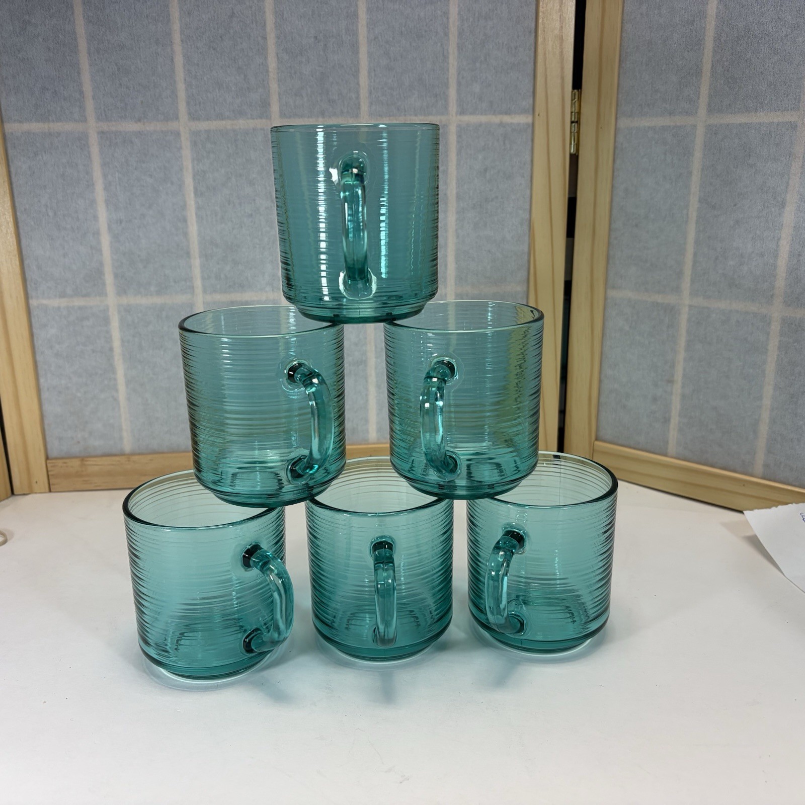 Vintage Arcoroc France Jardiniers Set Of 6 Mugs Turquoise Ribbed Vintage Arcoroc France Jardiniers Set Of 6 Mugs Turquoise Ribbed