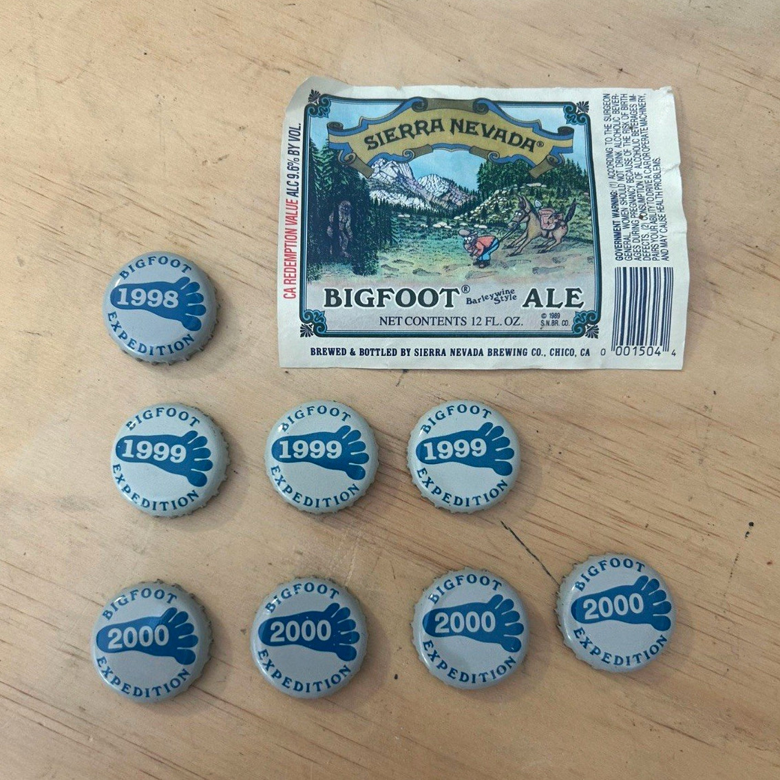 Lot of 8 - Sierra Nevada Bigfoot Expedition Ale Bottle Caps - 1998 1999 2000