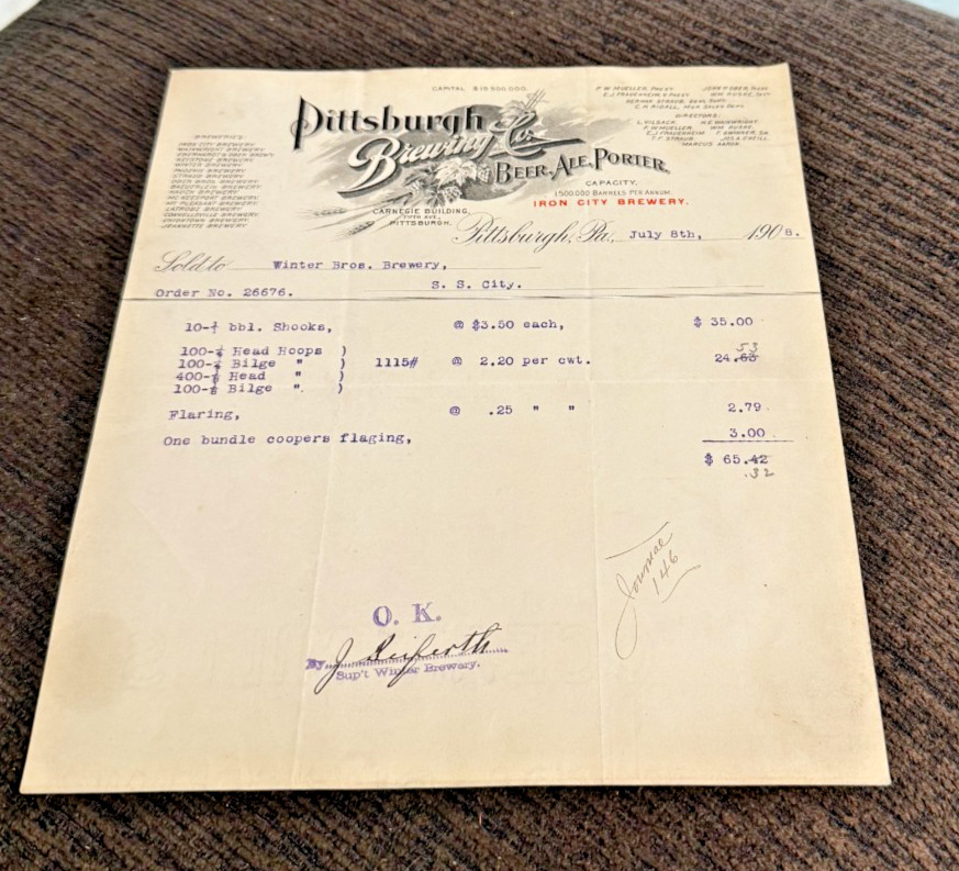 1908 PRE-PRO PITTSBURGH BRG BEER PAPER BILLHEAD IRON CITY BREWERY WINTER BROS PA