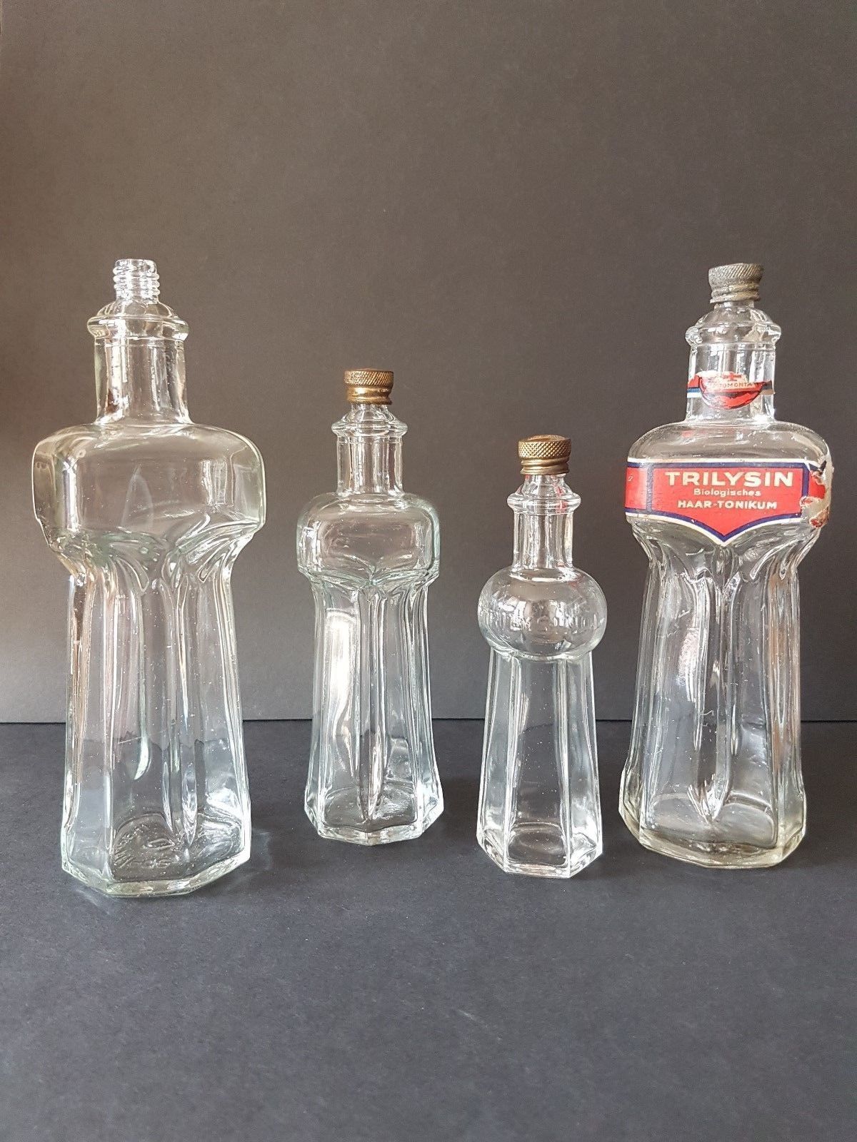 TRILYSIN Haar-Tonikum Chemische Fabrik Promonta Set of 4 Vintage Bottles Hamburg