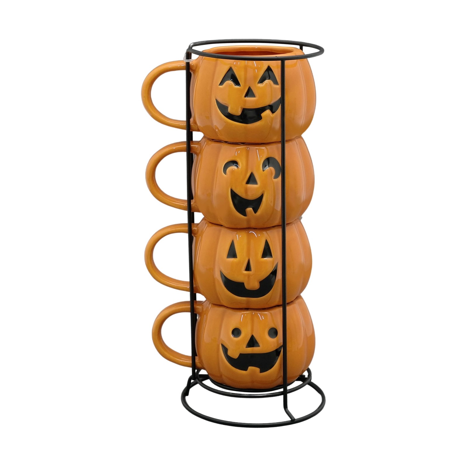 Halloween Stackable Pumpkin Mugs Set of 4, Ceramic Coffee Cups for Home Decor