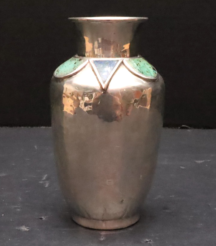 Vintage Emilia Castillo Mexico Silver Plated Vase W Stone Inlay Accents Mexico