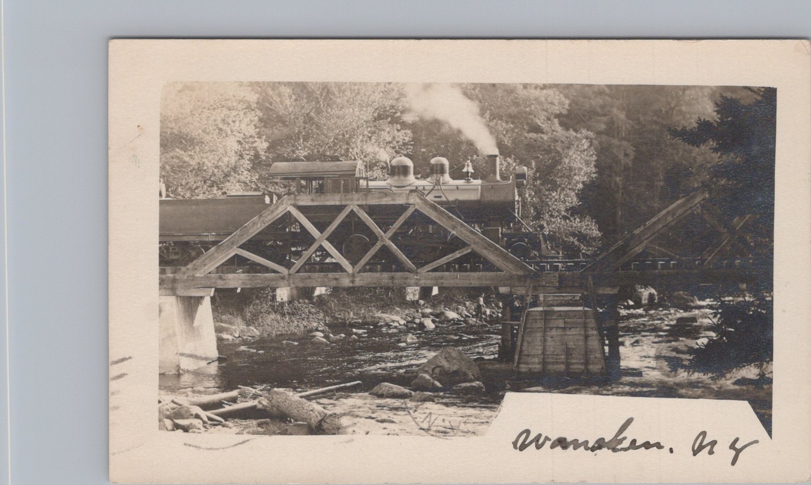 Wanakena New York NY 1906 Steam Locomotive Railroad Bridge River RPPC Postcard