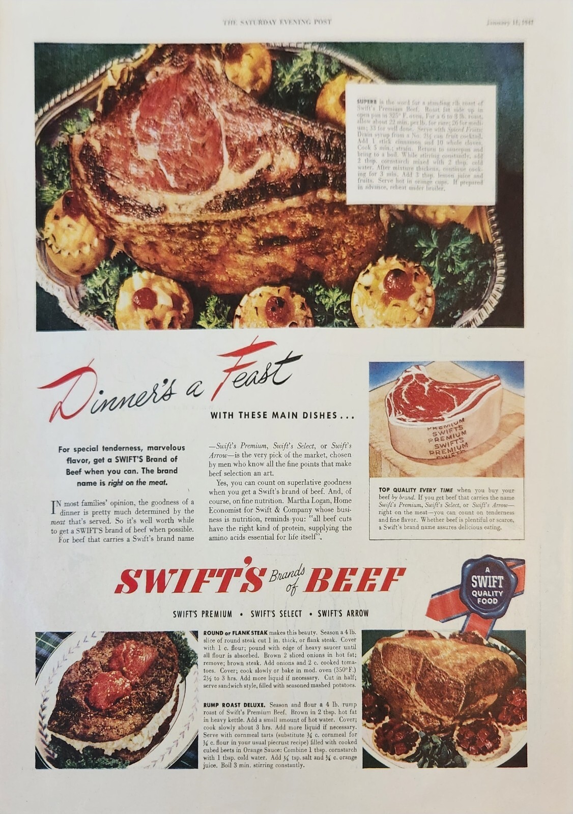 1946 Swifts brands of beef Vintage Ad Dinners a feast