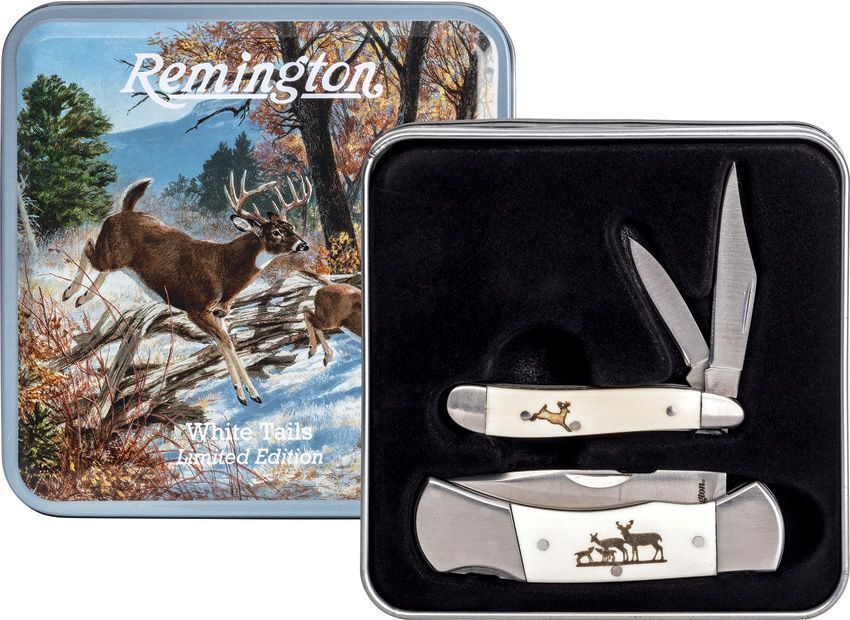 Remington Whitetails Gift Set Pocket Knife Stainless Steel Blades Bone Handles