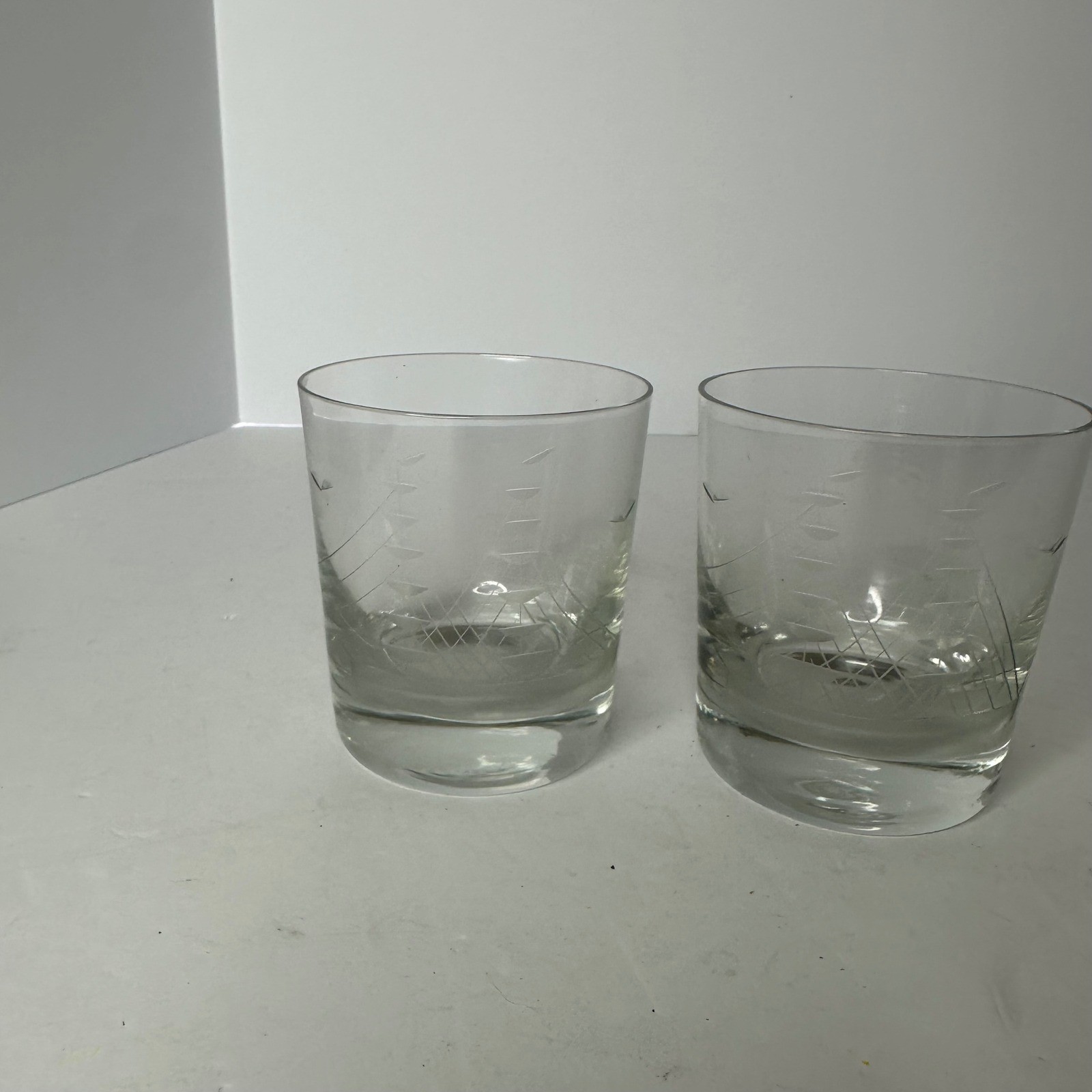 Vintage Etched Nautical Clipper Ship Whiskey Rocks Glasses Set of 2 Lowball