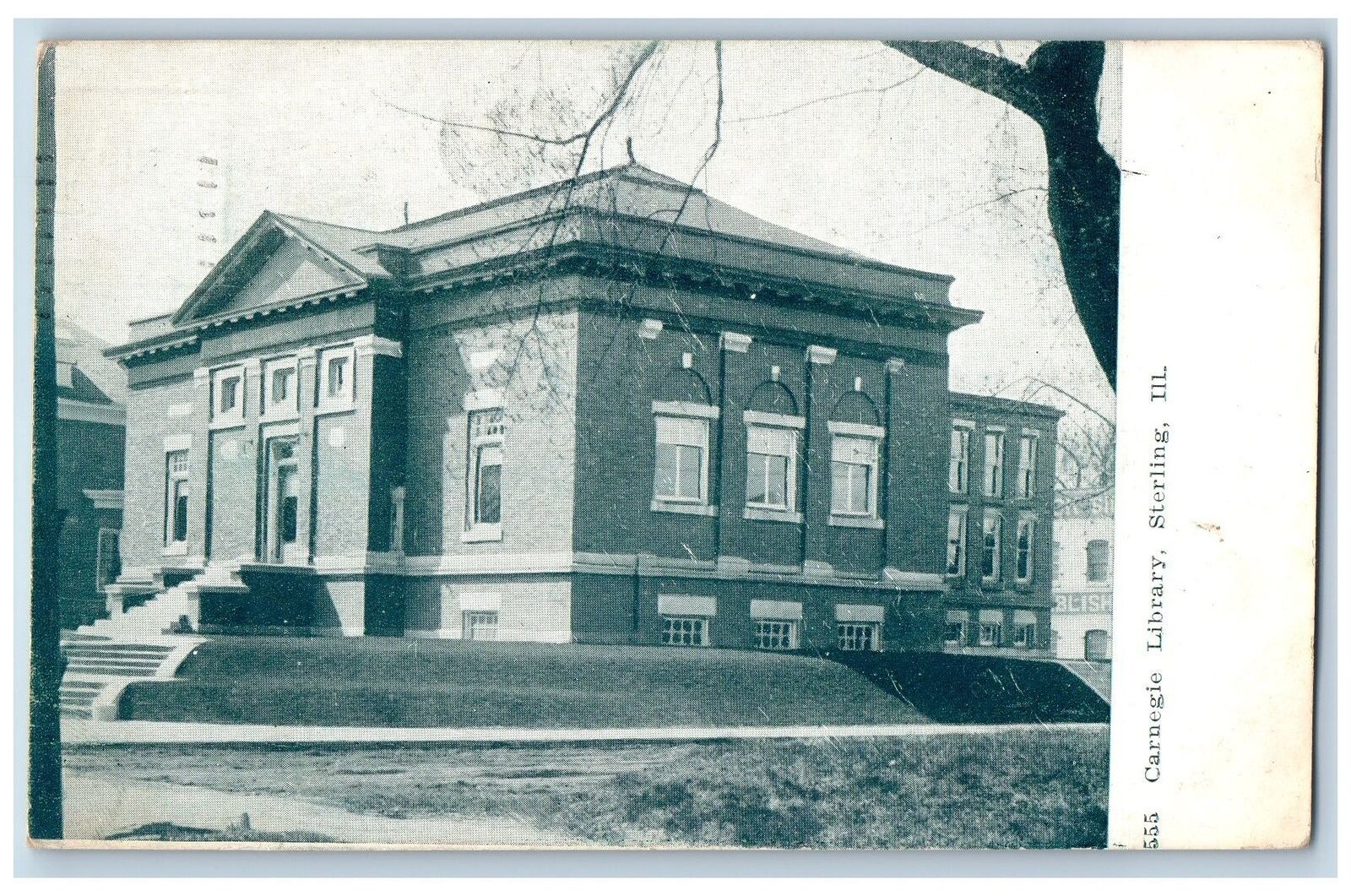 Sterling Illinois Postcard Carnegie Library Building Exterior Scene 1909 Trees