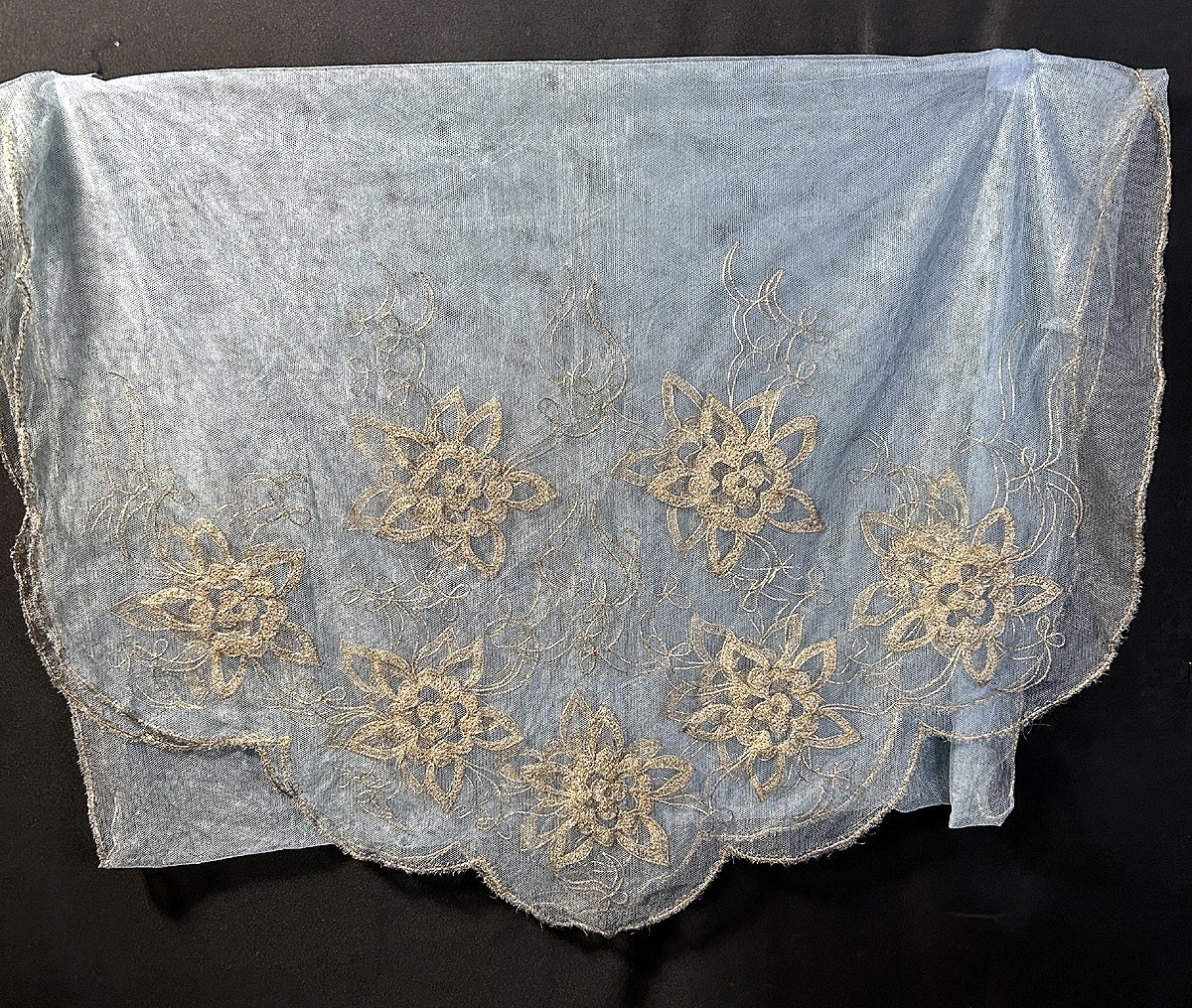 Antique Dresser Scarf Sheer Metallic Fabric Gold Thread Flowers 43