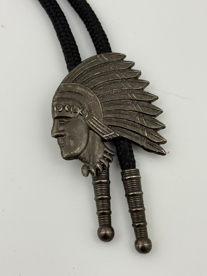 Vintage Bolo Tie Western Cowboy Southwest Ethnic Warrior Chief Silver Tone