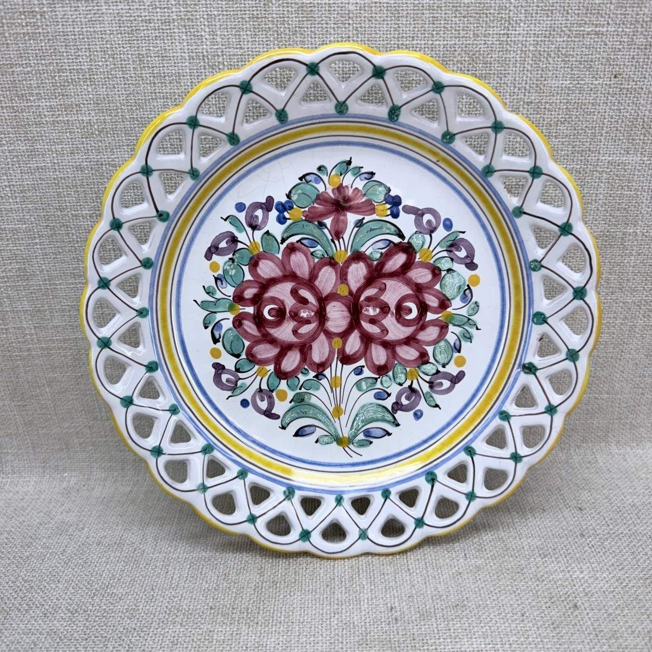Vintage Modra Slovakia Hand Painted Floral Reticulated Ceramic Wall Plate 7.5in