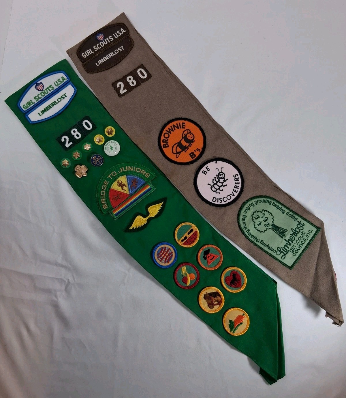 Vintage Girl Scout & Brownie Sashes With Patches & Pins Circa 1980s