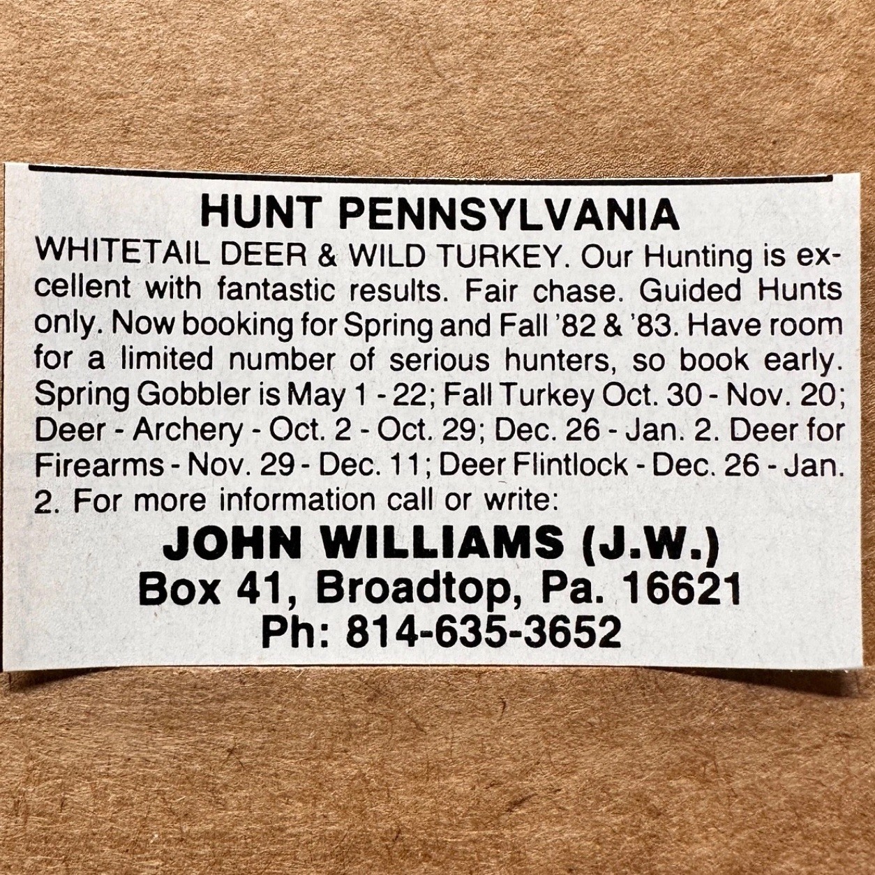 1982 JOHN WILLIAMS HUNT PENNSYLVANIA Vintage Print Ad Broadtop PA