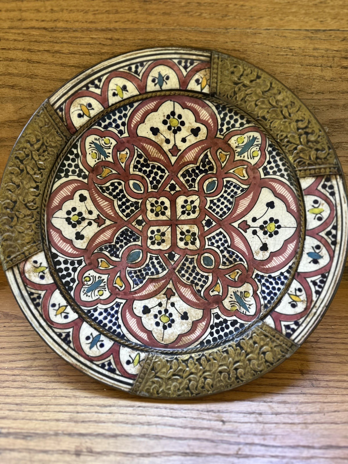 Vintage Moroccan Safi Glazed Ceramic Plate with Embossed Brass Rim Vintage Moroccan Safi Glazed Ceramic Plate with Embossed Brass Rim