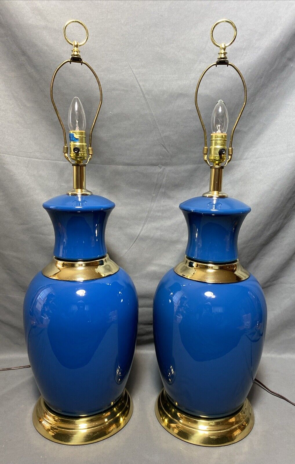 Vintage Pair of Mid Century Blue Glass & Gold Metal Ginger Jar Urn Table Lamps
