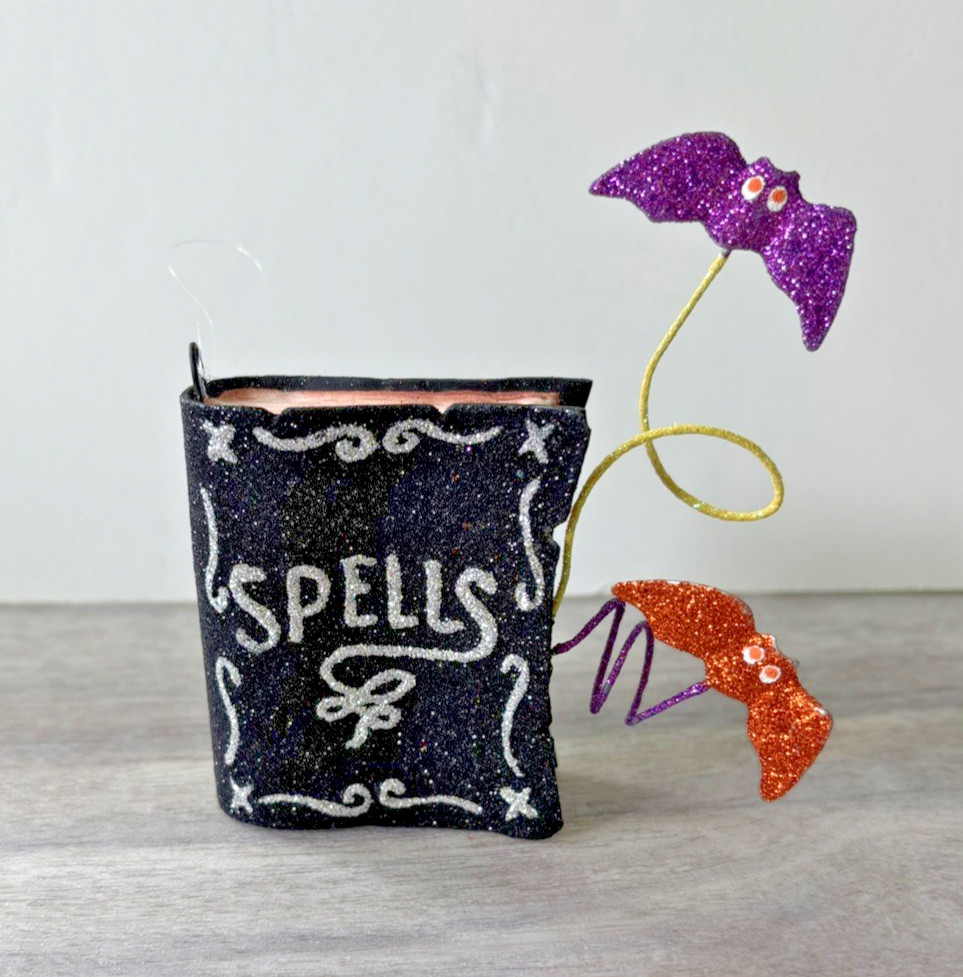 Pier 1  Vintage Halloween Spellbook Bats Ornament Glitter Fun Pier One Rare HTF