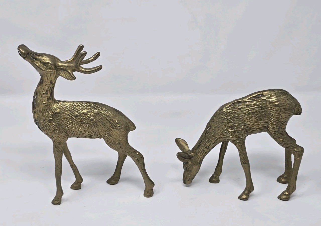 Vintage MCM Brass Spotted Deer Figurines Pair Buck 6.25” & Doe 4.25” Vintage MCM Brass Spotted Deer Figurines Pair Buck 6.25” & Doe 4.25”