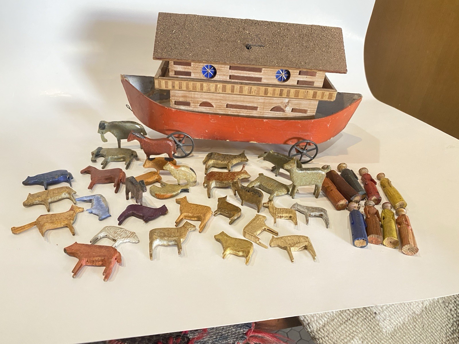 Antique Erzgebirge Noahs Ark 39 Putz Animal Figures c1900 Rare Folk Art Pull Toy