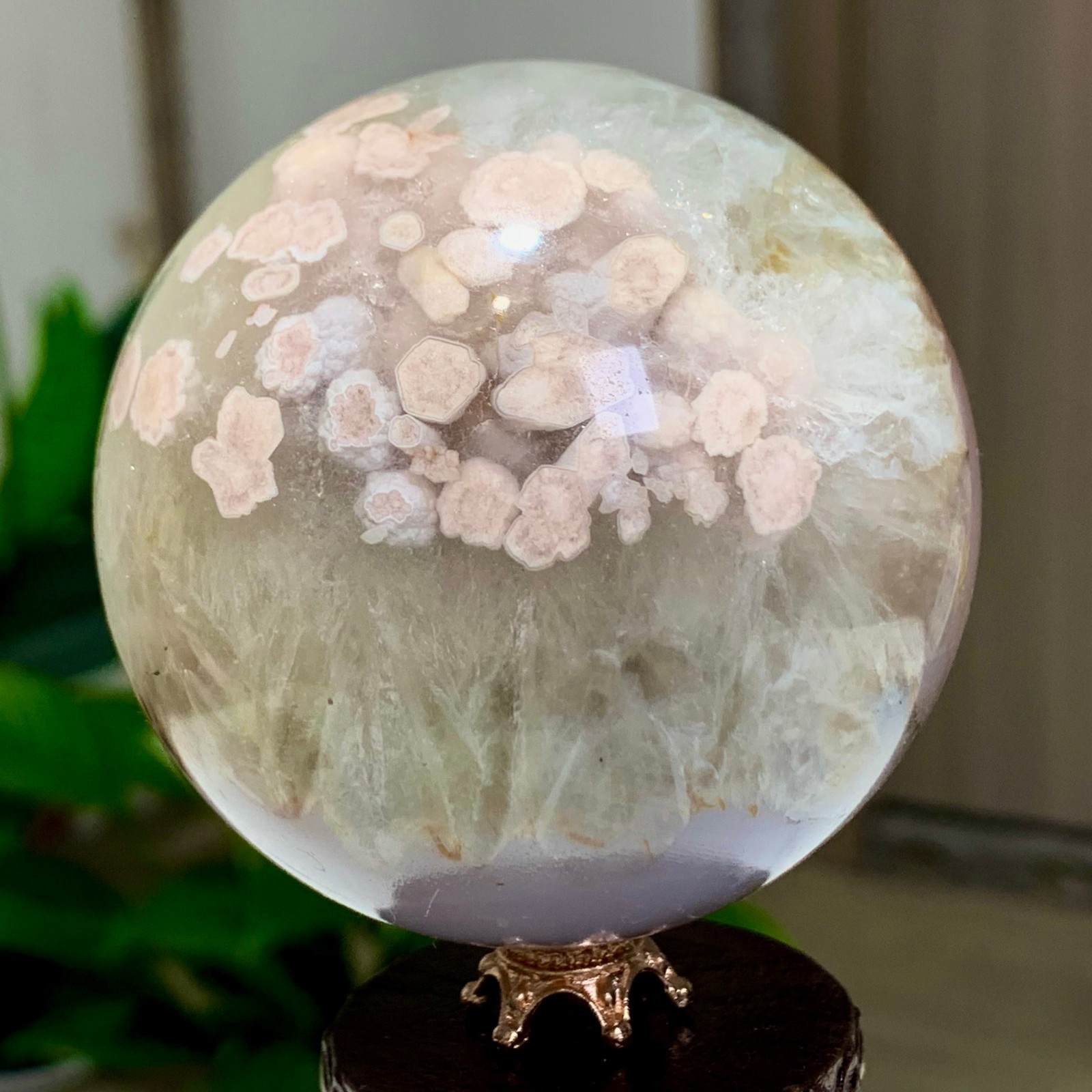 425G Natural Sakura Flower Agate QUARTZ Sphere Crystal Ball Reiki Healing
