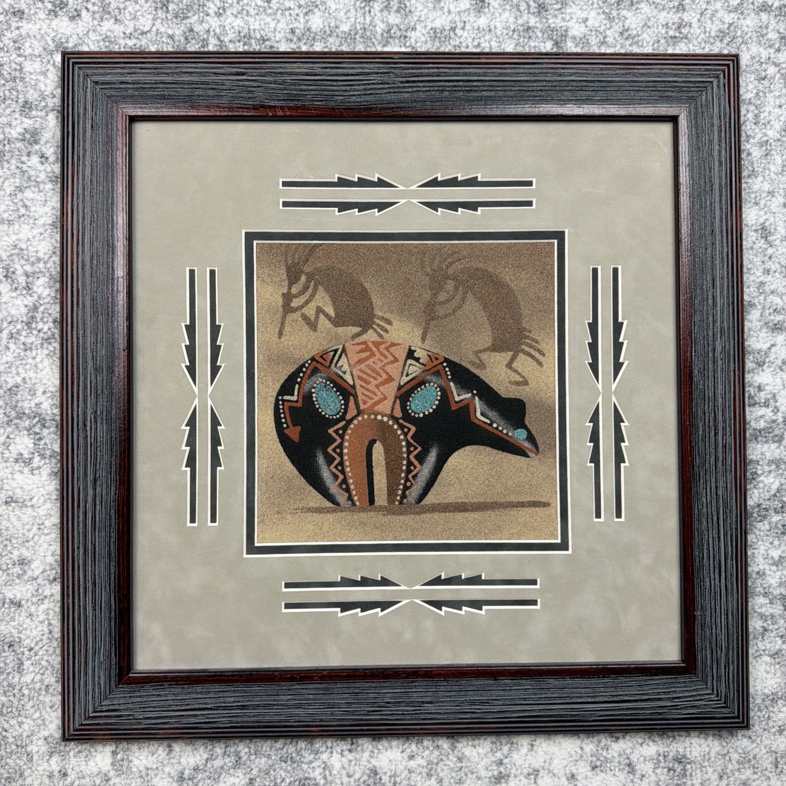 Artist Signed Herman Tyler Navajo Sandpainting Framed Native American Bear 17”