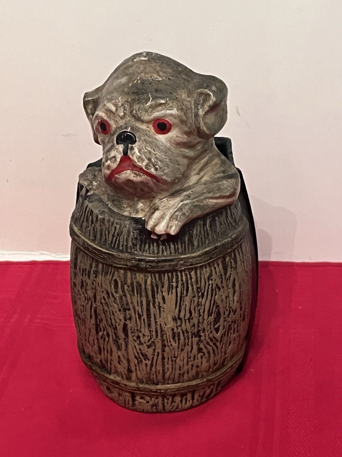 VTG 5lb MCM Cast Iron Bulldog In A Barrel Match Box Holder Hangs Or Tabletop VTG 5lb MCM Cast Iron Bulldog In A Barrel Match Box Holder Hangs Or Tabletop