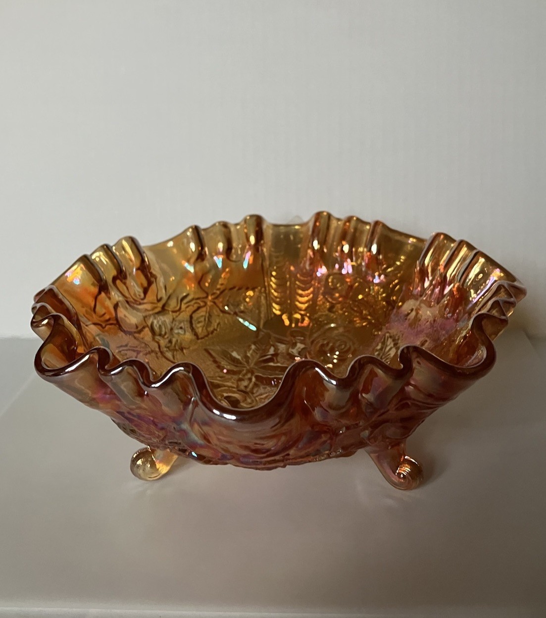 Vintage Imperial Carnival Glass Bowl Open Rose Three Footed 8 X 2.5 Inches
