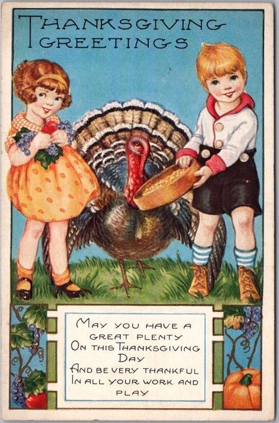 c1910s Whitney THANKSGIVING Embossed Postcard Boy & Girl w/ Turkey / Unused