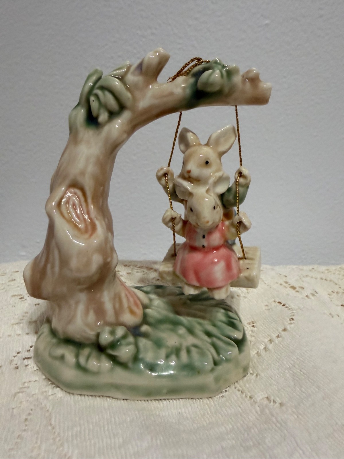 1993 Albert E Price Tales of Bunny Hollow Ceramic Young Bunny on a Tree Swing
