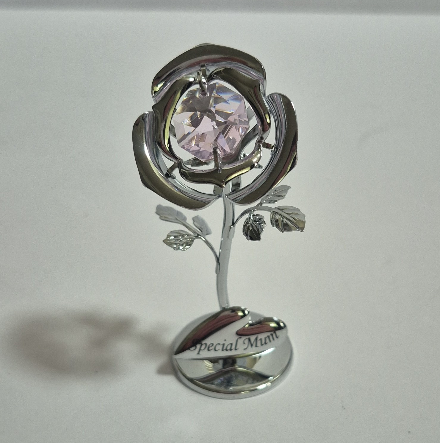 Crystocraft Swarovski Elements Silver & Pink Crystal Rose Figurine, Boxed