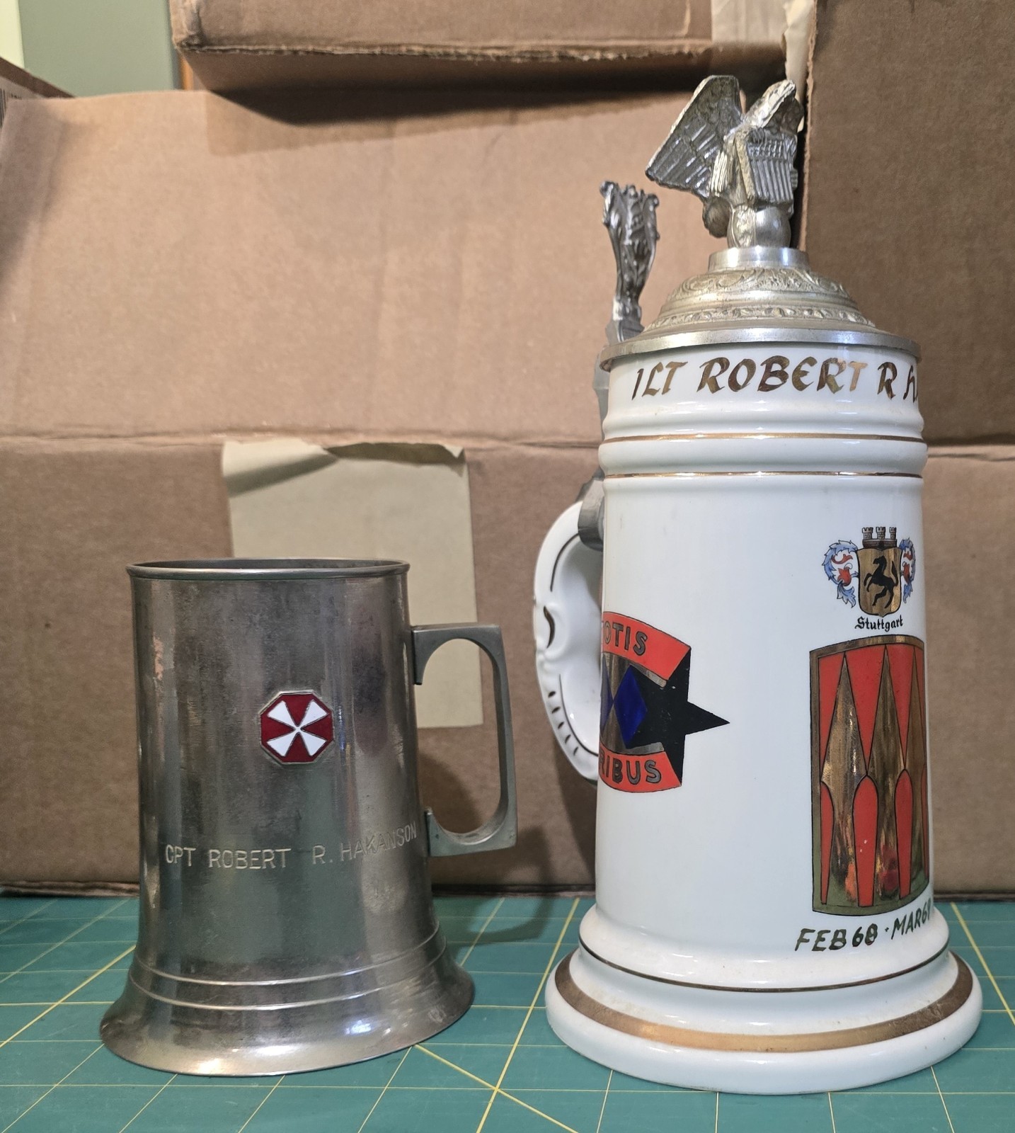 1968 Cold War US Army Stuttgart Named Stein Pinup Lithophane Pewter Mug Group