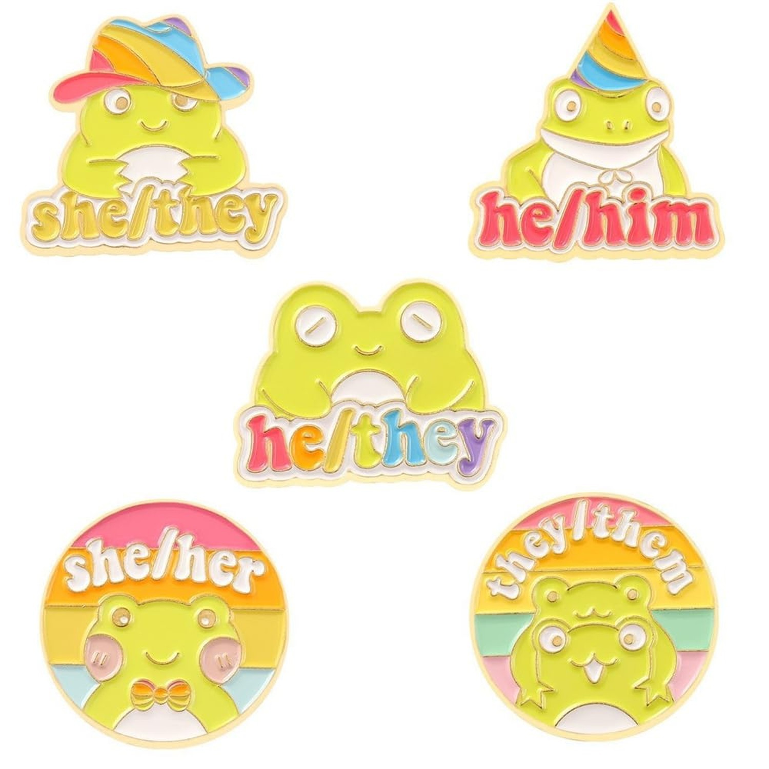 5 Pcs LGBT Pronouns Cute Frog Enamel Pins Brooch - Gender Identity Bulk Pins ...