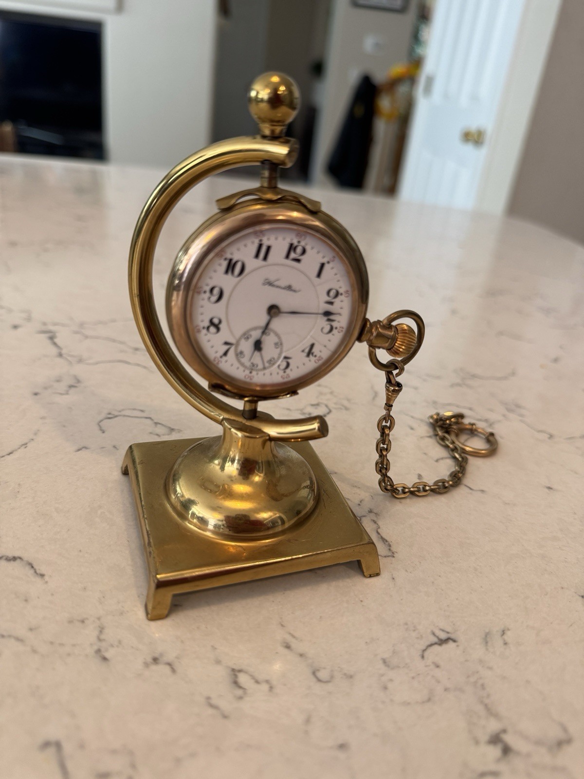 Vintage Hamilton Gold Filled Pocket Watch w/ Brass Display Stand & Chain
