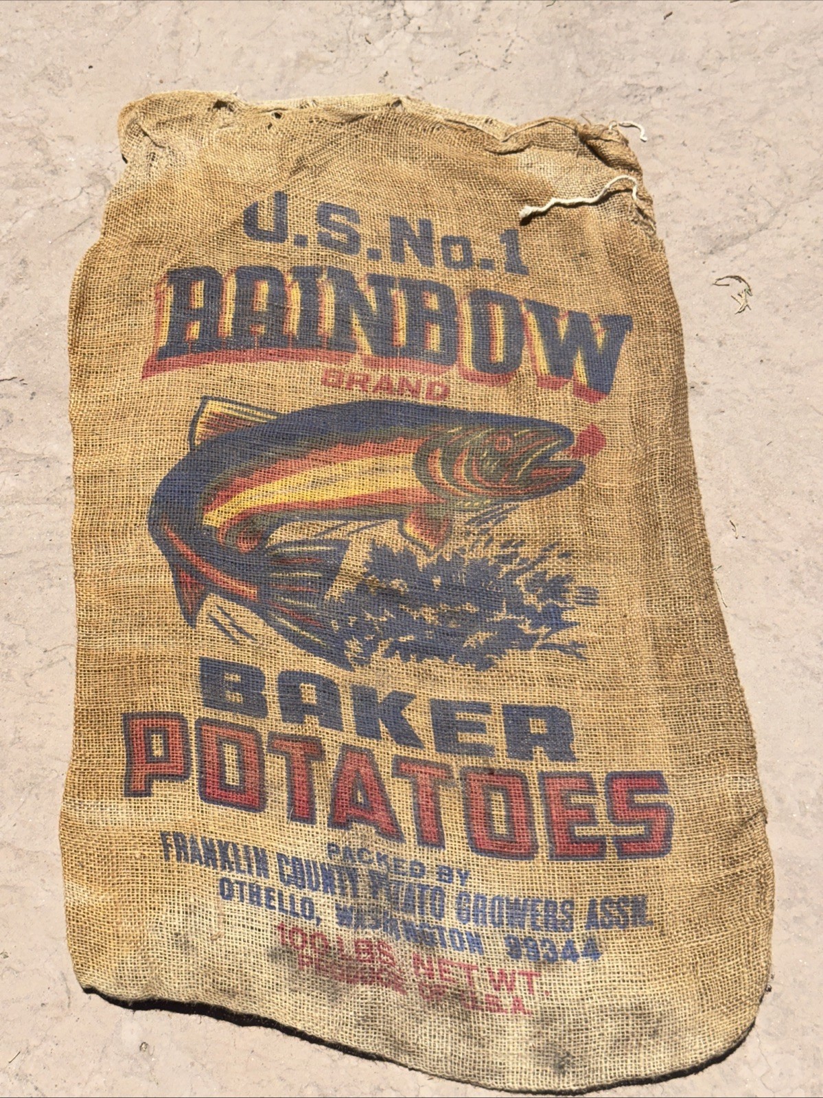 VTG Rainbow Trout Baker Washington Potatoes Burlap Bag 100 lbs Gunny Sack Rare