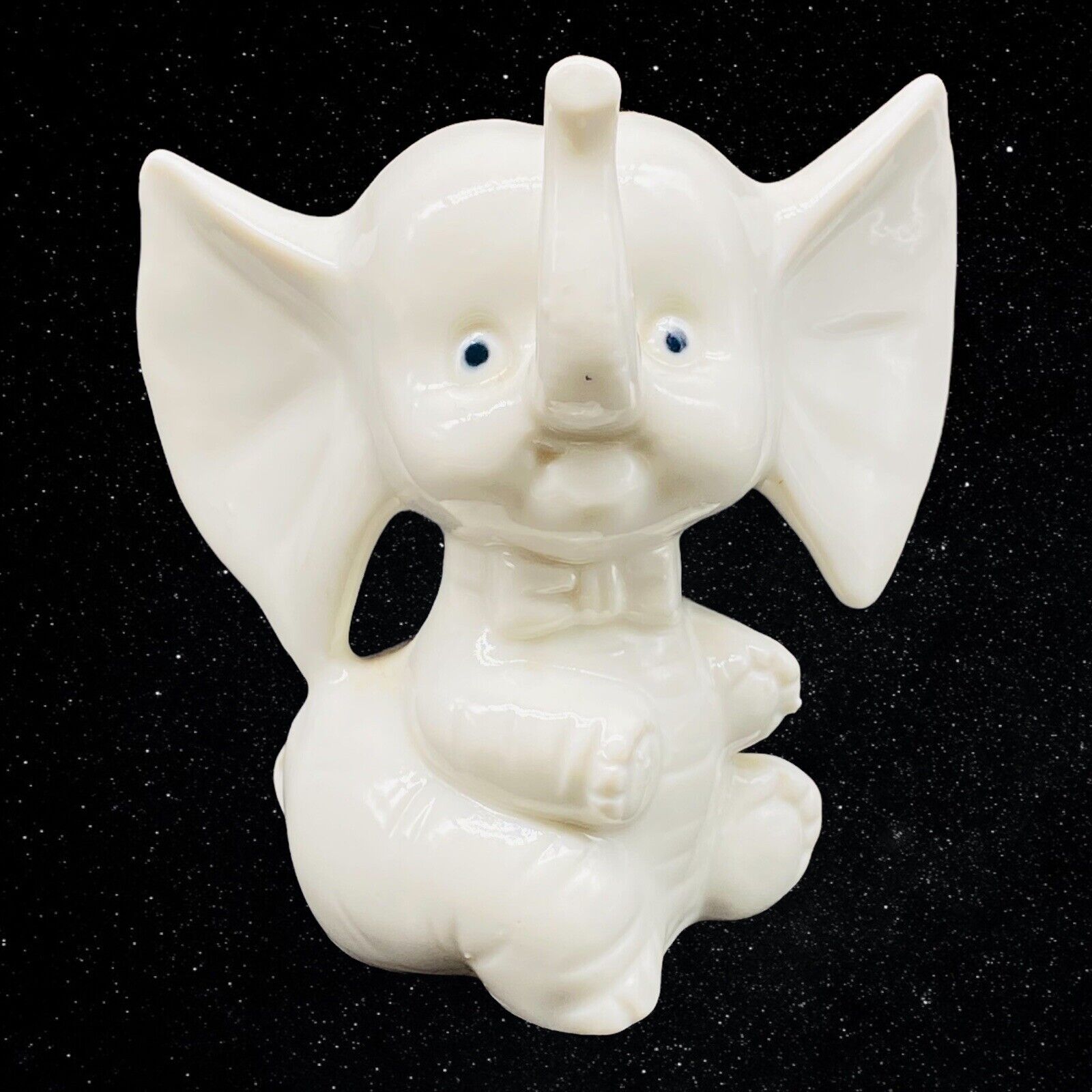 Vintage Edsin Japan Porcelain Blue Eye Elephant Trunk Up Figurine 3.5”T 3.5”W
