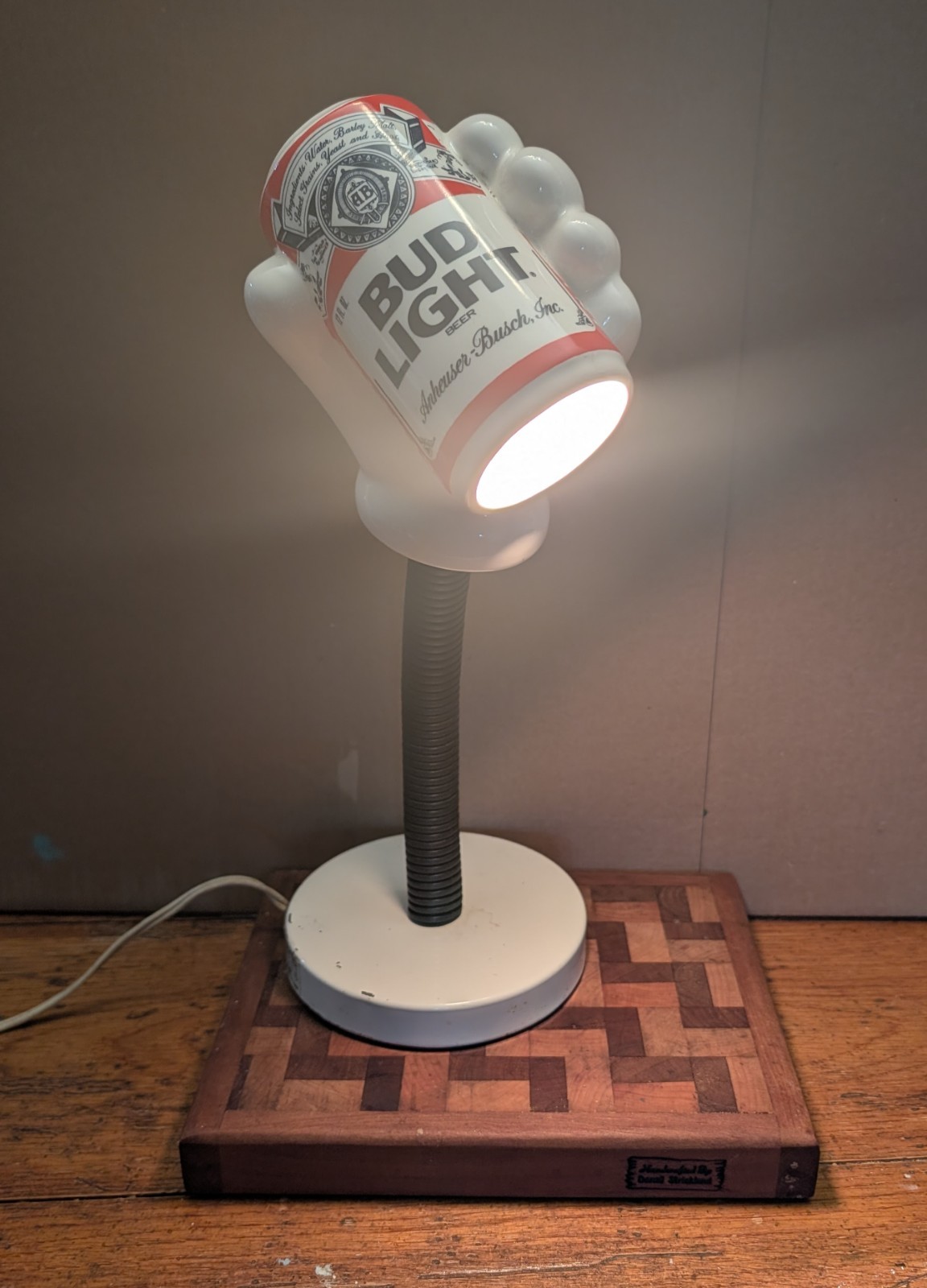 Vintage Porcelain Bud Light Hand Beer Can Desk Lamp Light - Tested & Working Vintage Porcelain Bud Light Hand Beer Can Desk Lamp Light - Tested & Working