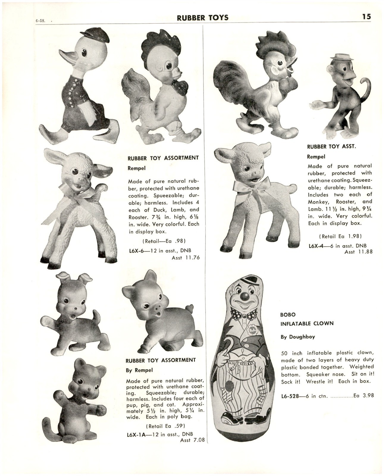 1958 PAPER AD Rempel Rubber Toy Monkey Lamb Duck Pig Rooster Auburn Tractor 