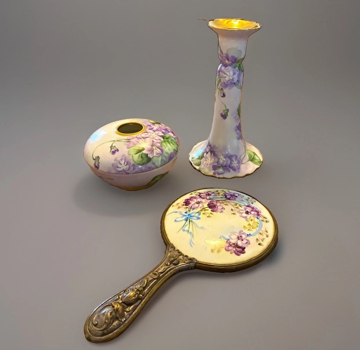 Antique T&V Limoges France Violet Vanity Set Hair Receiver Mirror Vase Antique T&V Limoges France Violet Vanity Set Hair Receiver Mirror Vase