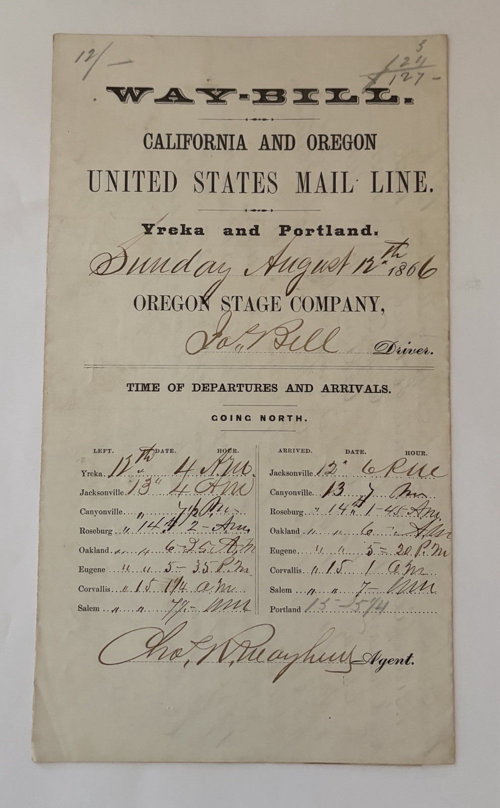 1866 Gold Dust & Chinese Pioneers Stagecoach Waybill Yreka CA to Portland Oregon