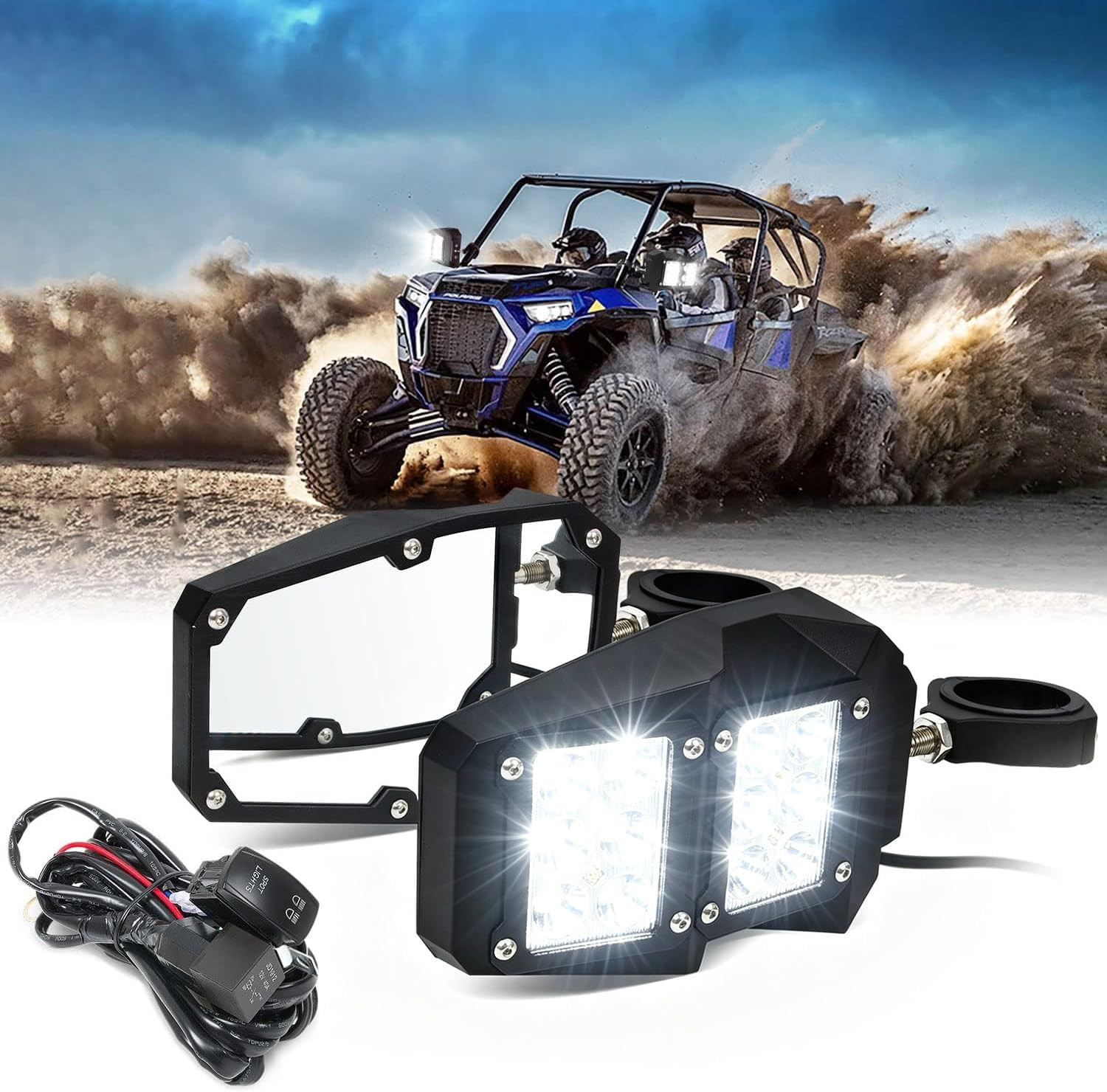 UTV LED Side Rear View Mirrors with Spot Lights for 1.75