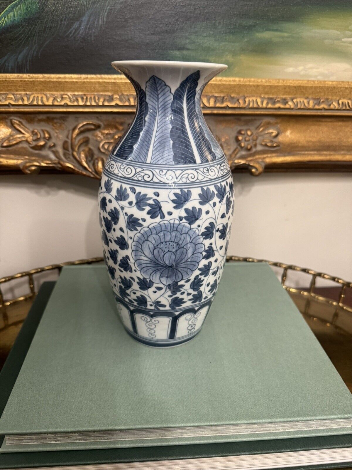 Asian Porcelain Blue and White Flower Vase 9”