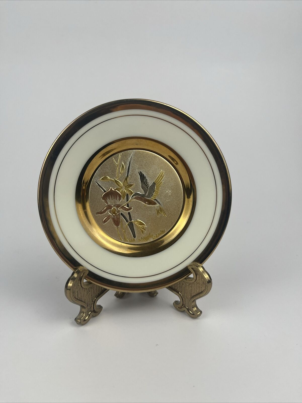 The Art Of Chokin 24 Karat Gold Mini Plate Iris and Humming Bird With Stand
