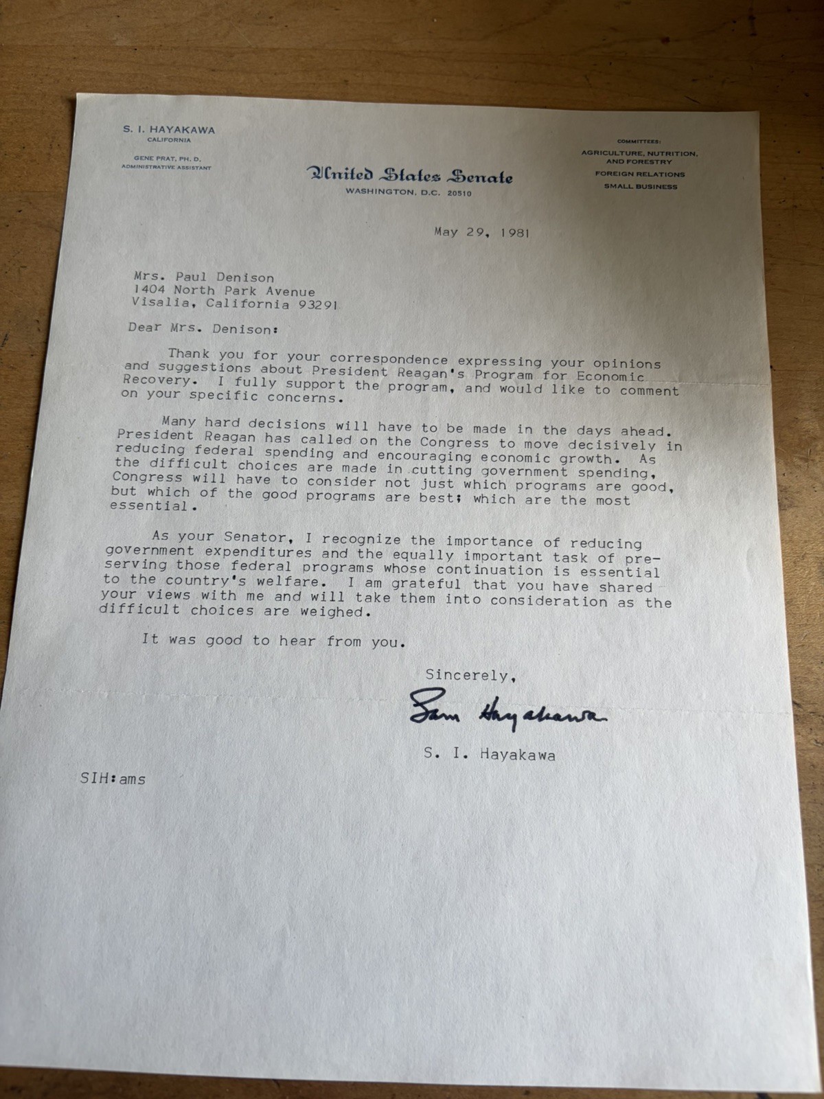 S.I.HAYAKAWA   May 1981 signed letter