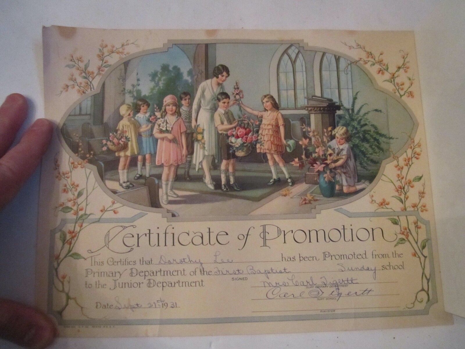 1931 FIRST BAPTIST CERTIFICATE OF PROMOTION - SUNDAY SCHOOL TO JR DEPT. - WD 1931 FIRST BAPTIST CERTIFICATE OF PROMOTION - SUNDAY SCHOOL TO JR DEPT. - WD