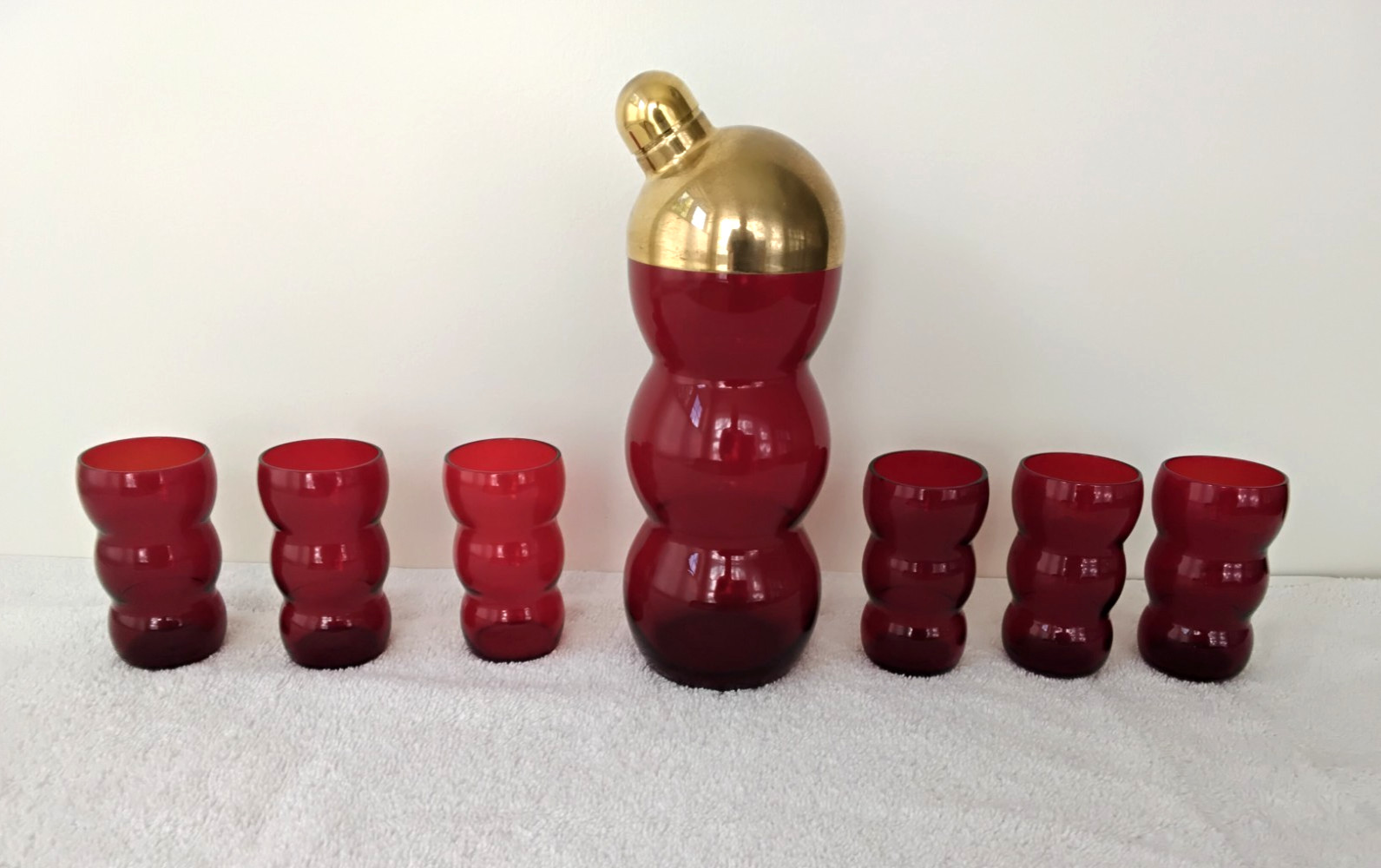 1930's Art Deco Fostoria Ruby Red Bubble Cocktail Shaker & Glasses  