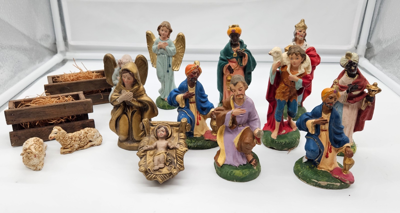 Vintage Nativity Scene Set 15 Piece Hand Painted Figurines Manger Wise Men Angel