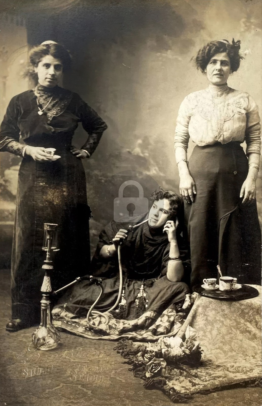 St Louis Women Smoking Hookah Louisiana Studio RPPC Photo Postcard COPY