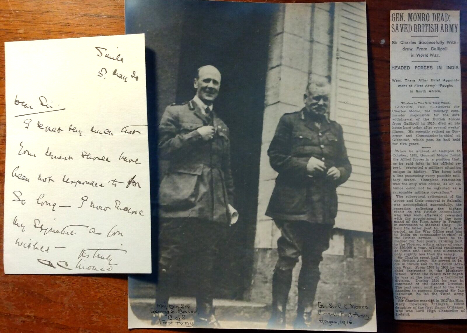 General Sir Charles Monro, 1st Baronet (1860-1929) Signed Letter & WWI Photo