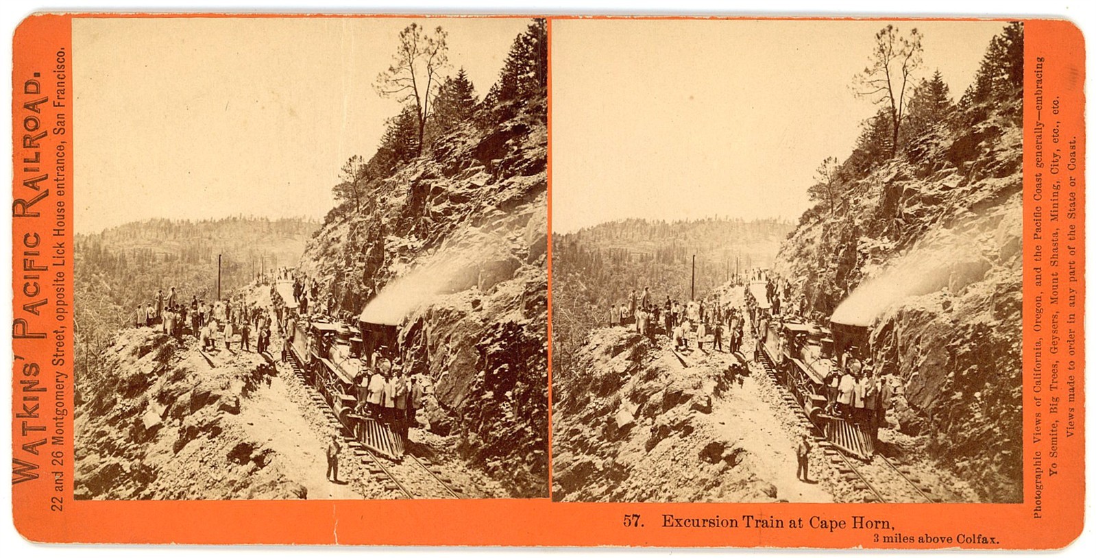CALIFORNIA STEREOVIEW - CPRR - Excursion Train at Cape Horn - CE Watkins 1870s