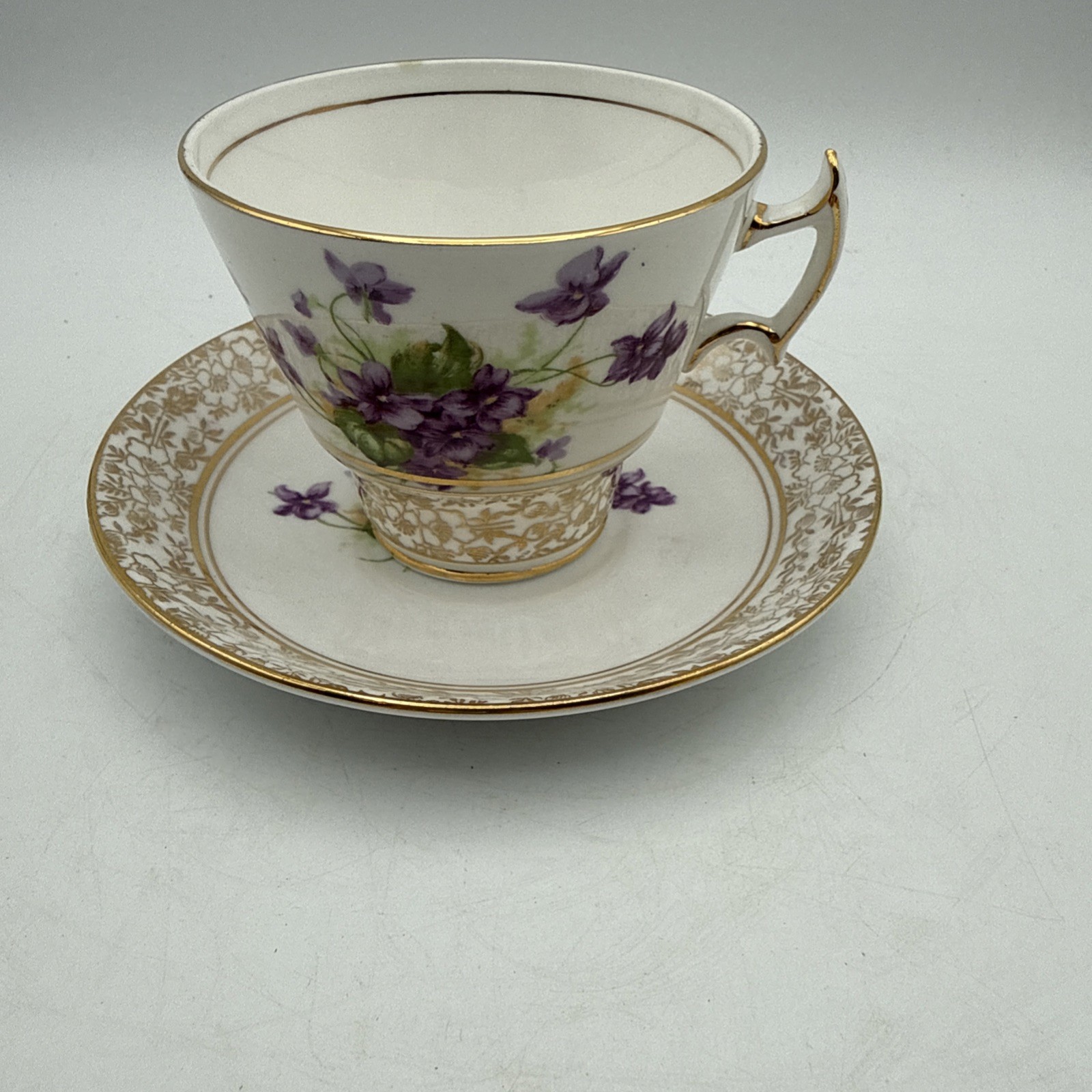 Vintage Phoenix Bone China Tea Cup and Sauce Gold Accents Purple Flowers